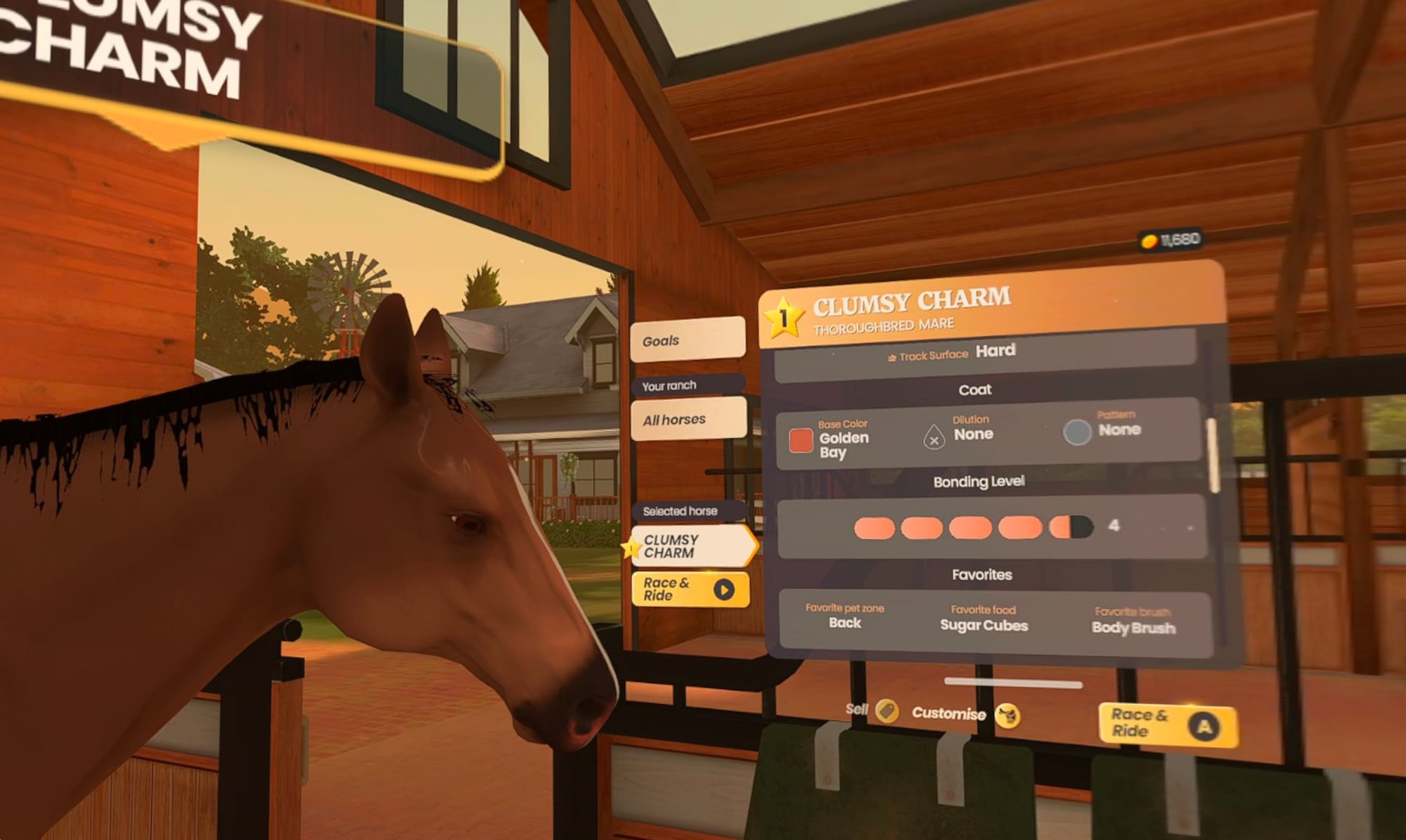 A model of a horse standing next to an immersive video game menu
