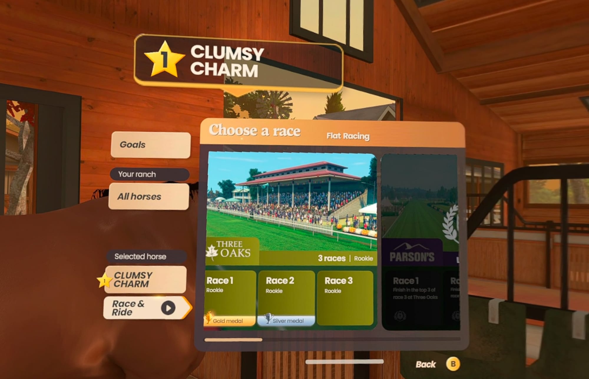 A menu in Rival Stars Horse Racing: VR Edition that shows options for goals, raising horses, and racing