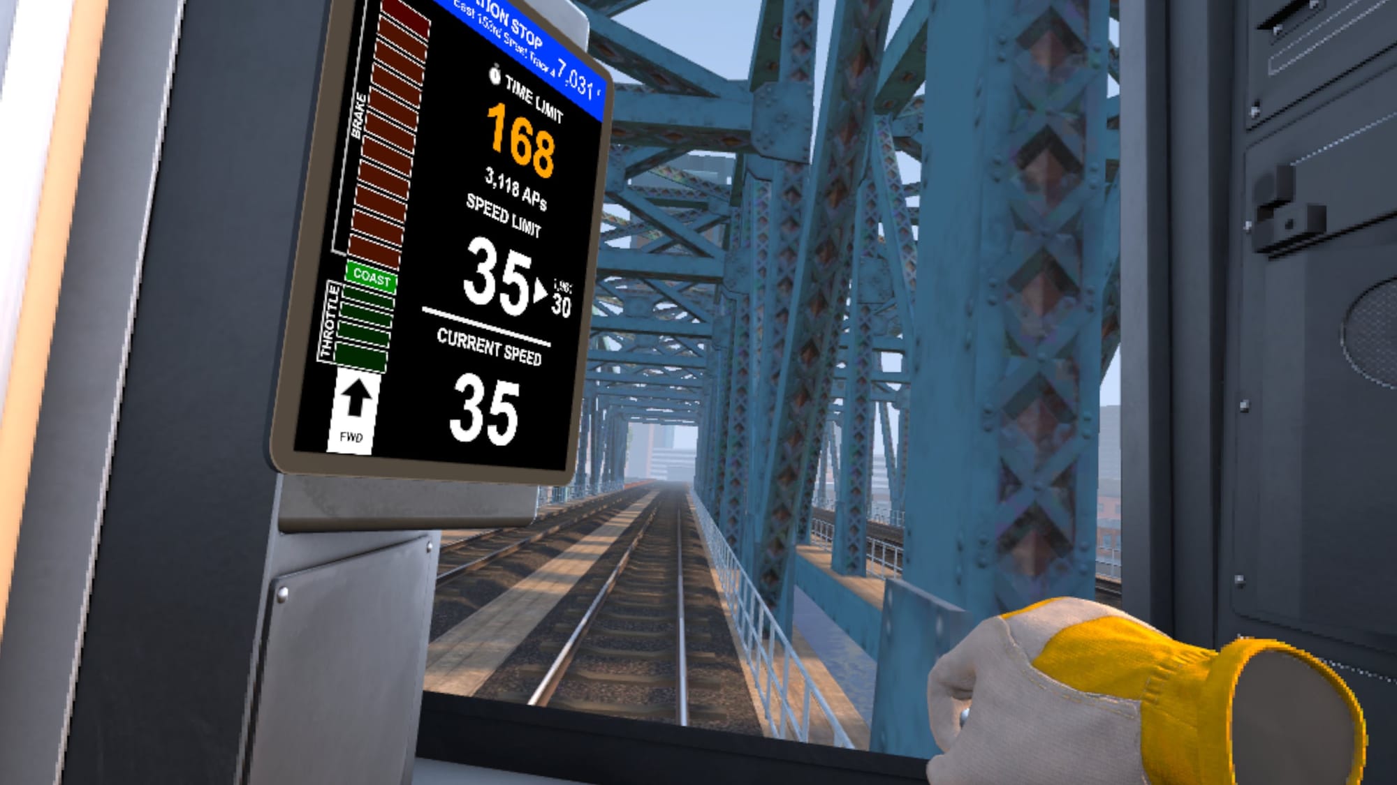 Train Sim World VR: New York screenshot shows a train driver holding a handle while driving under a bridge