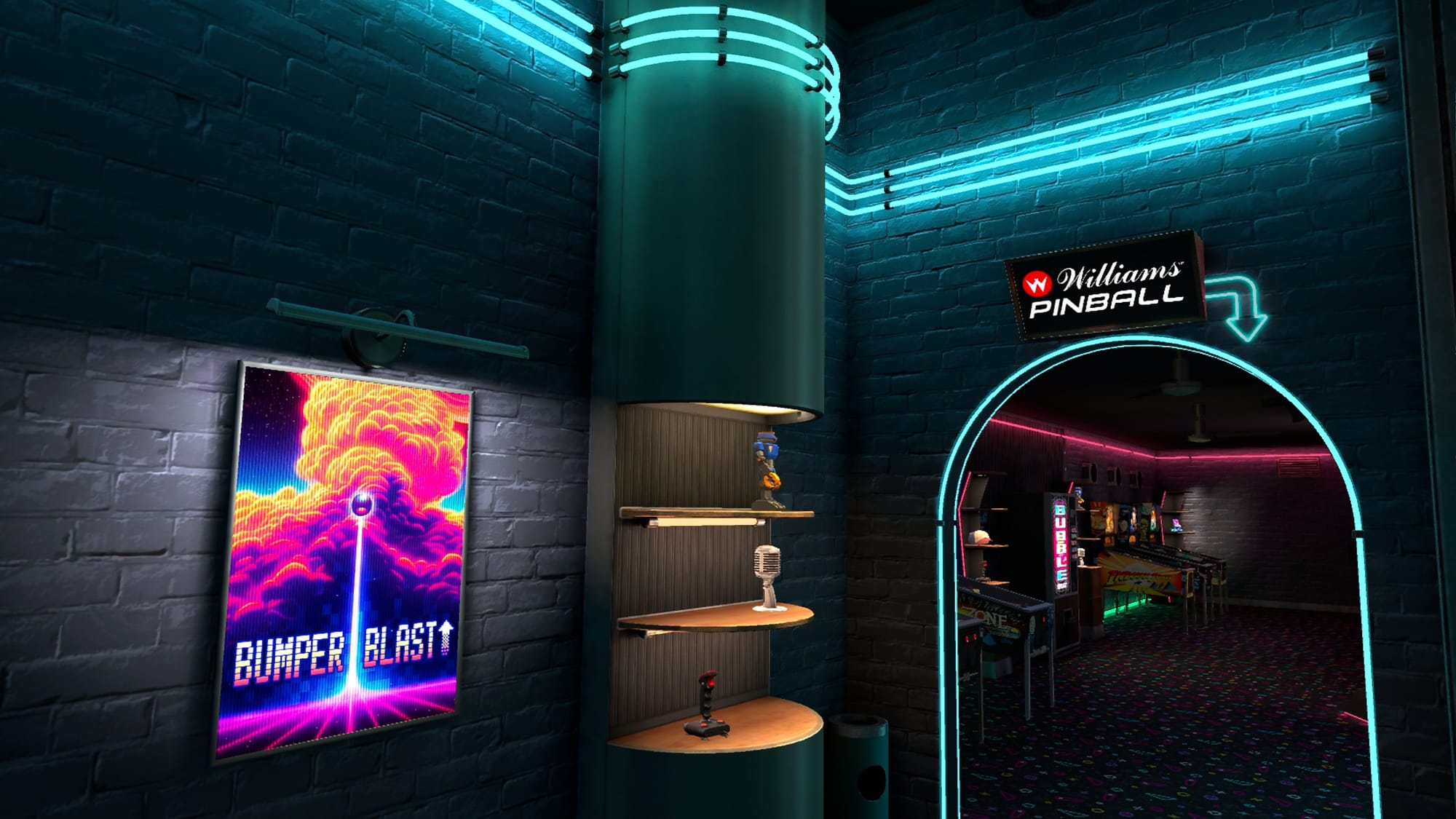 the arcade hub of pinball fx vr, decorated with neon lights, trophies, and posters