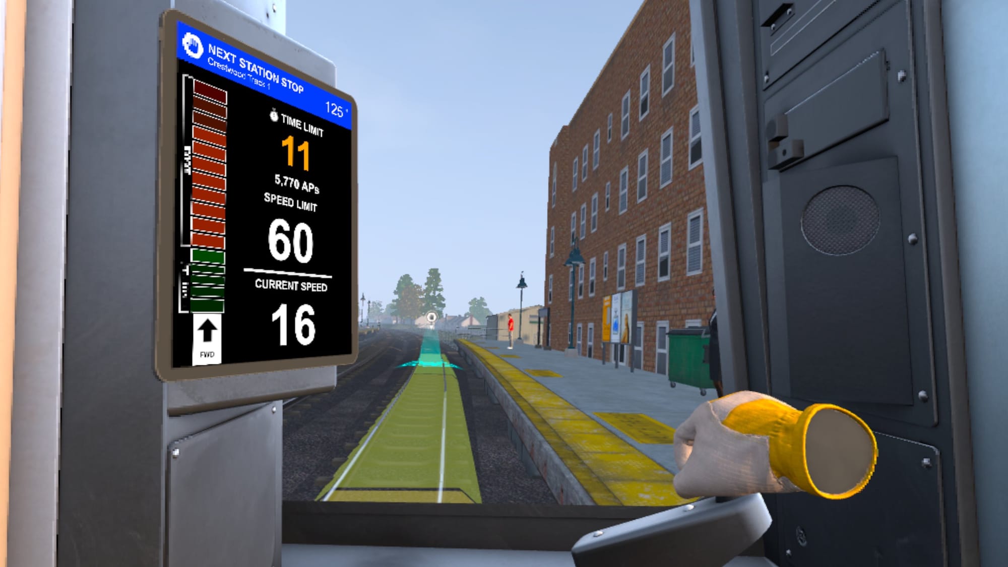 Train Sim World VR: New York screenshot shows a train driver reaching a nearby checkpoint