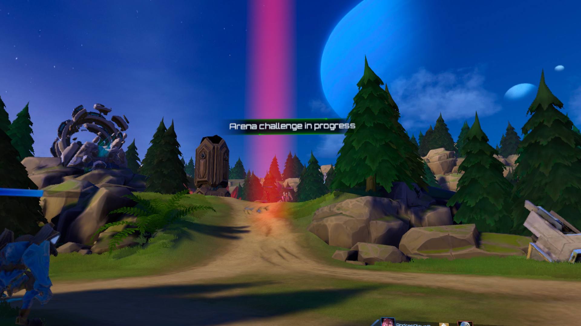 Starvault screenshot shows the forest like arena with the words "arena challenge in progress" above.