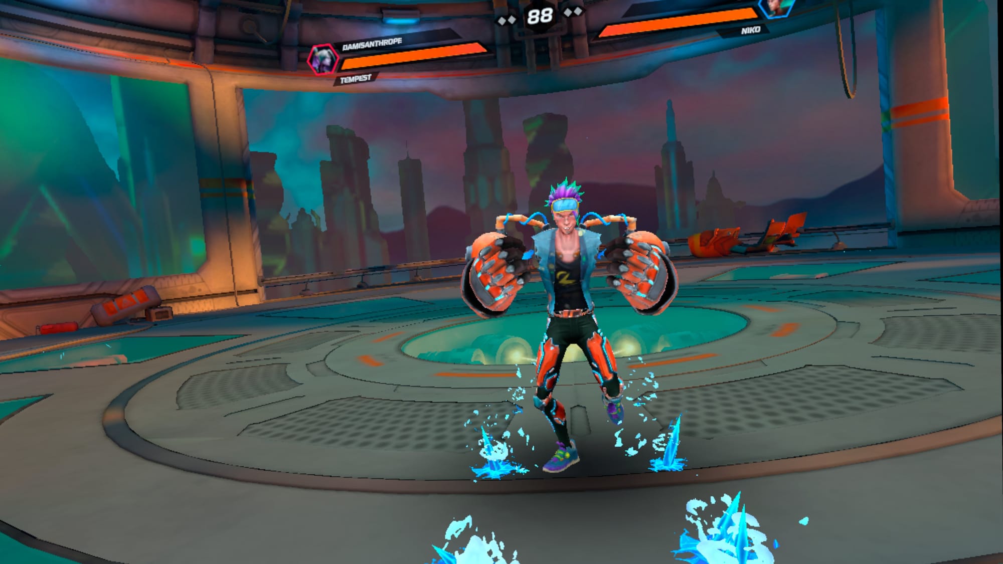 Facing opponent Niko in first person, with icicles appearing on the ground from my fighter, Tempest.