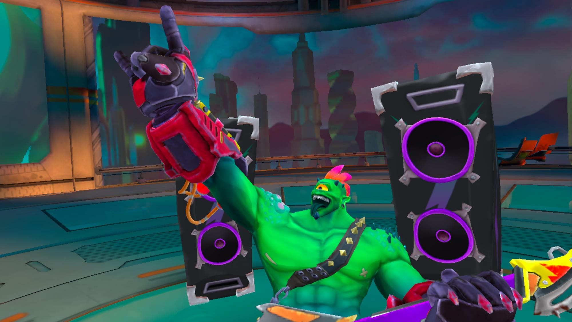 Diesel performing his victory pose playing with his electric guitar with two huge speakers behind him.