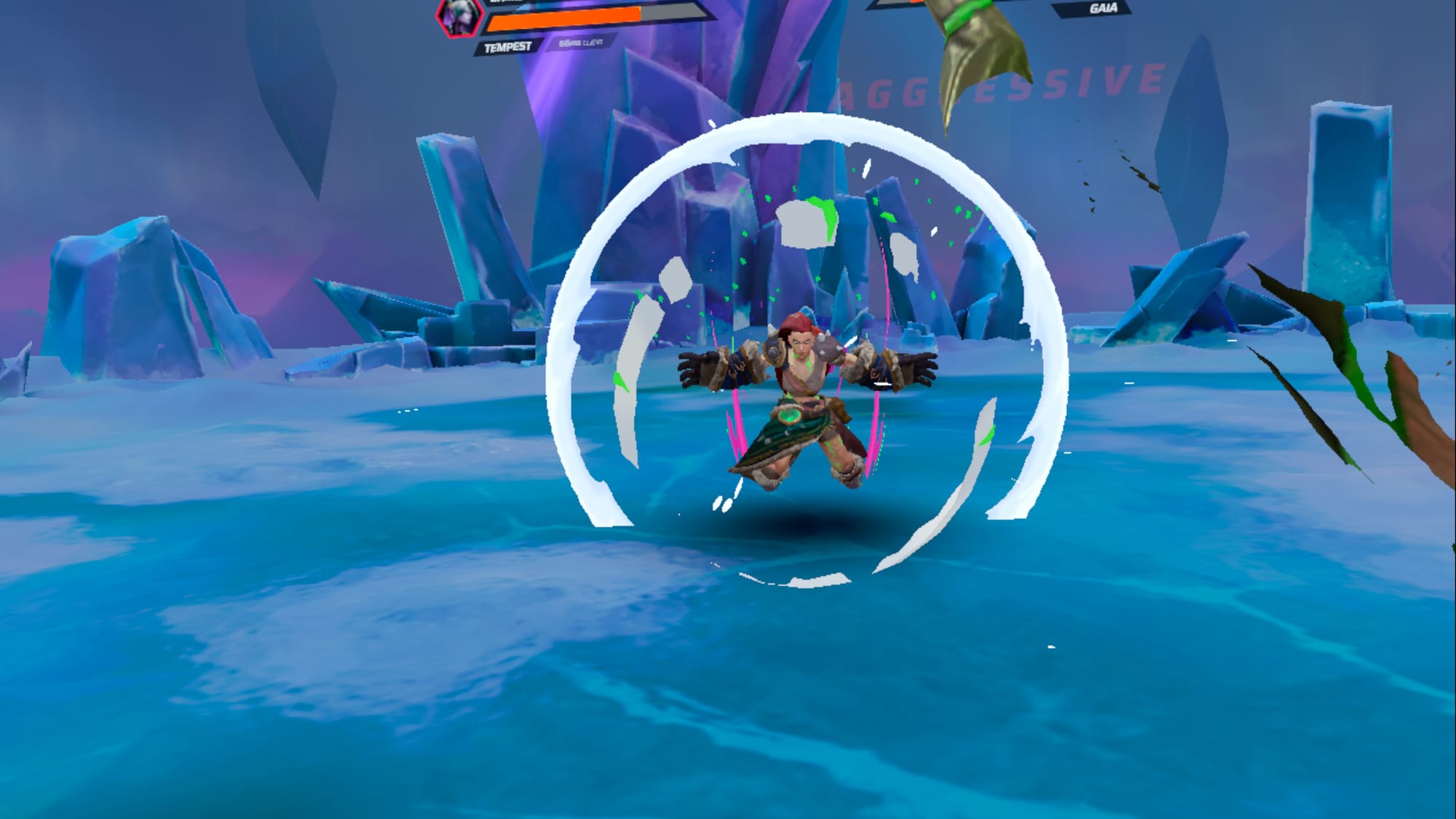 Opponent Gaia charging towards me to perform a throw, a light ring effect around her accentuating her charging motion.