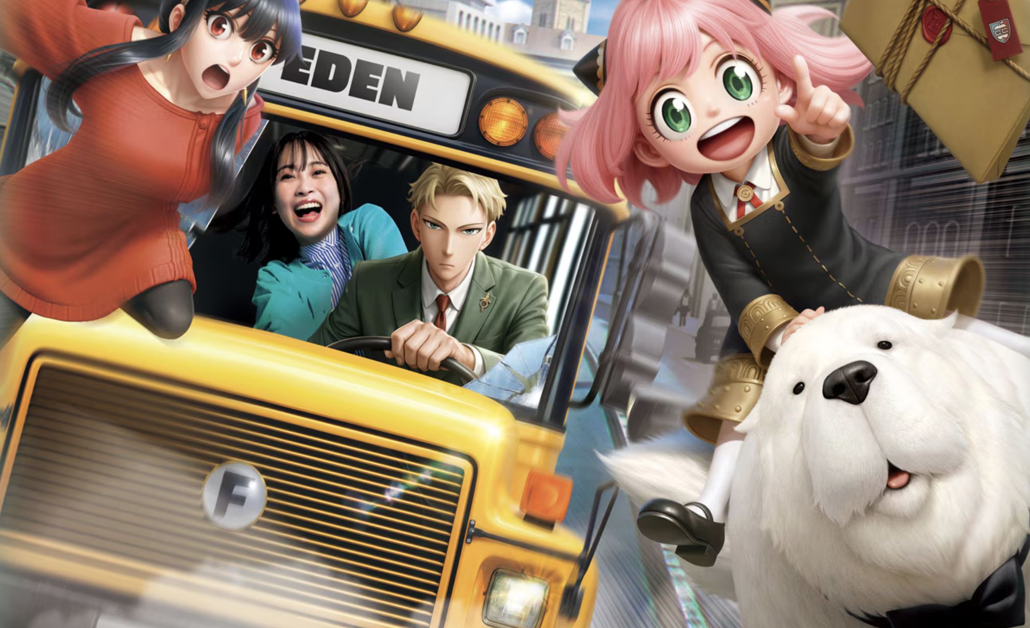 Blond anime character driving a bus. A woman in red and a girl riding a dog can be seen in front