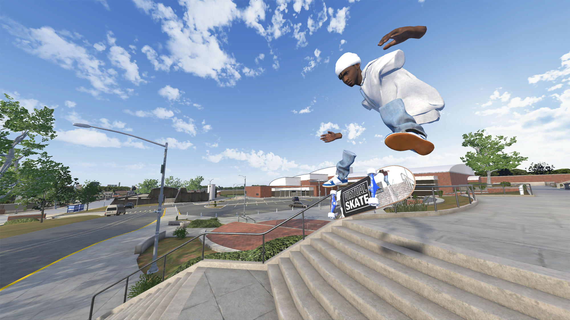 A black man performs a sick side flip while descending some stairs outside a virtual school parking lot. The Virtual Skate logo is on the bottom of his board. His hands and feet are floating, disconnected from his torso, like Rayman.