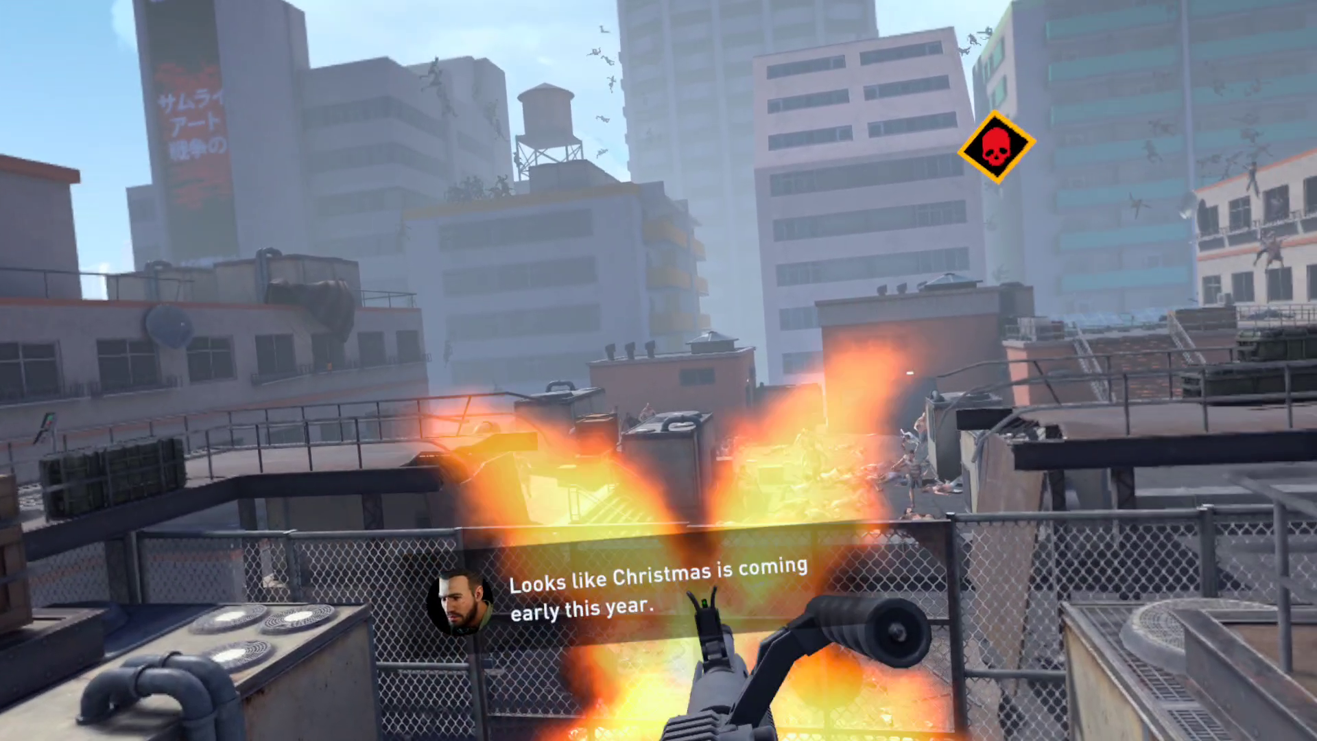 The player fires a light machine gun at incoming hordes of zombies while a HUD element appears to display one of the NPC companions declaring "Looks like Christmas is coming early this year."