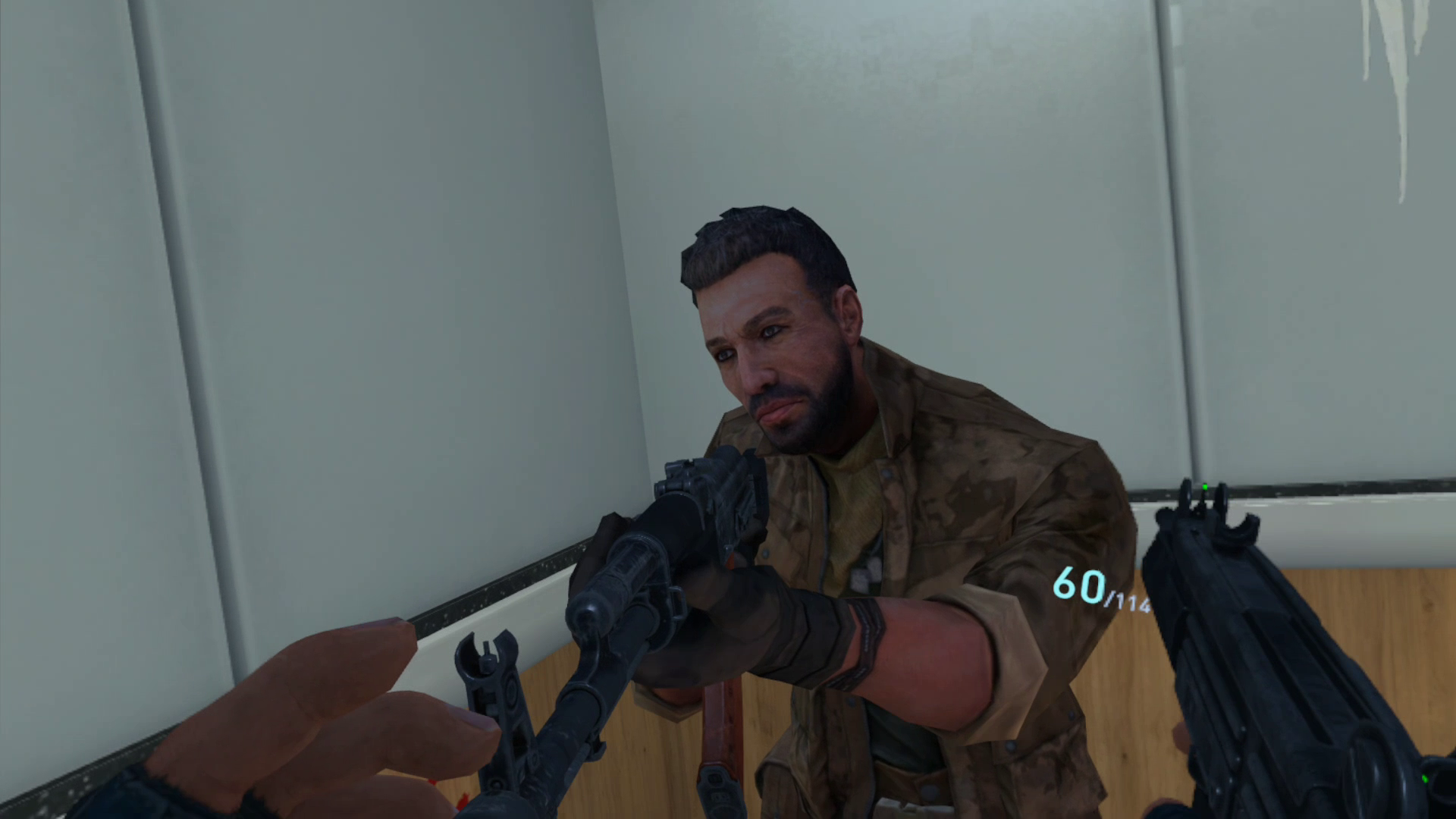 The Israeli soldier character stands in front of the player, motionlessly holding his rifle, his character model a few polygons short of escaping the uncanny valley.
