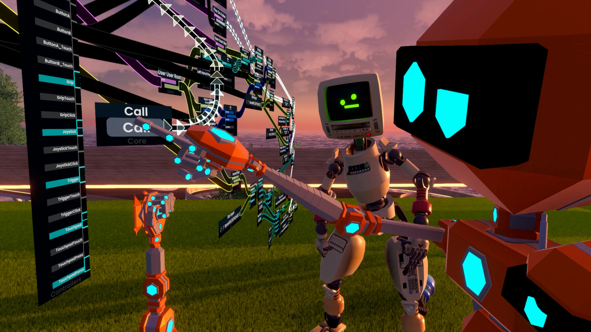 A group of virtual avatars fiddle with live code via interface within Resonite in virtual reality.