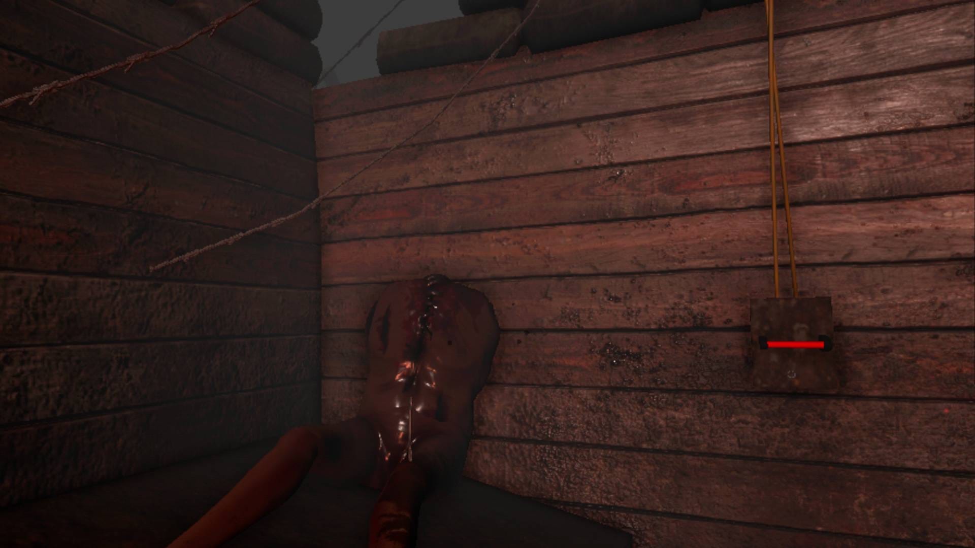 A corpse that looks more like a body bag is lying next to an electrical handle.