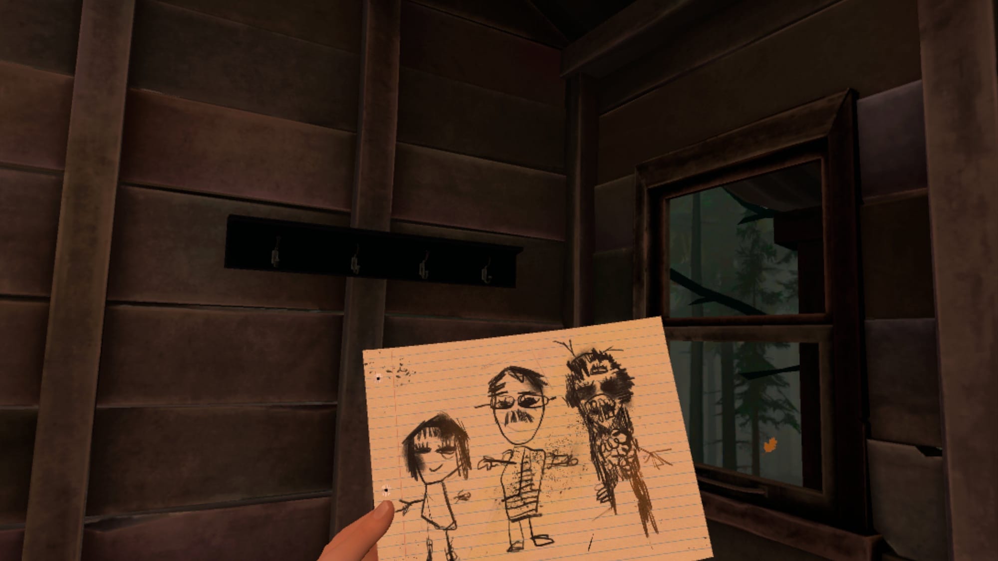 A child's drawing of a little girl, a dad, and a hideous monster.