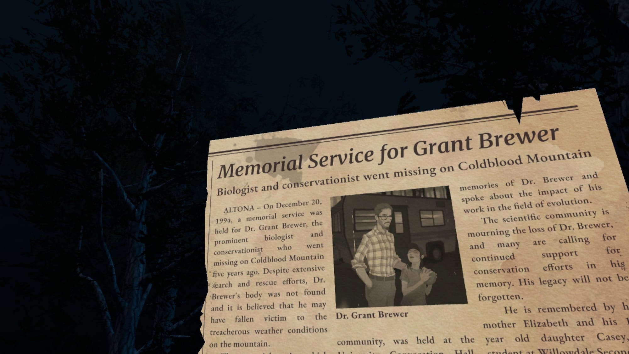 A newspaper clipping covering a missing person, Dr Grant Brewer.