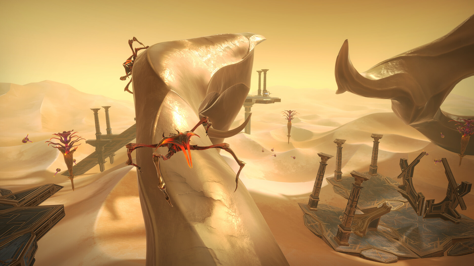 Alien spiders sitting on top of a dusty desert alien structure in a video game