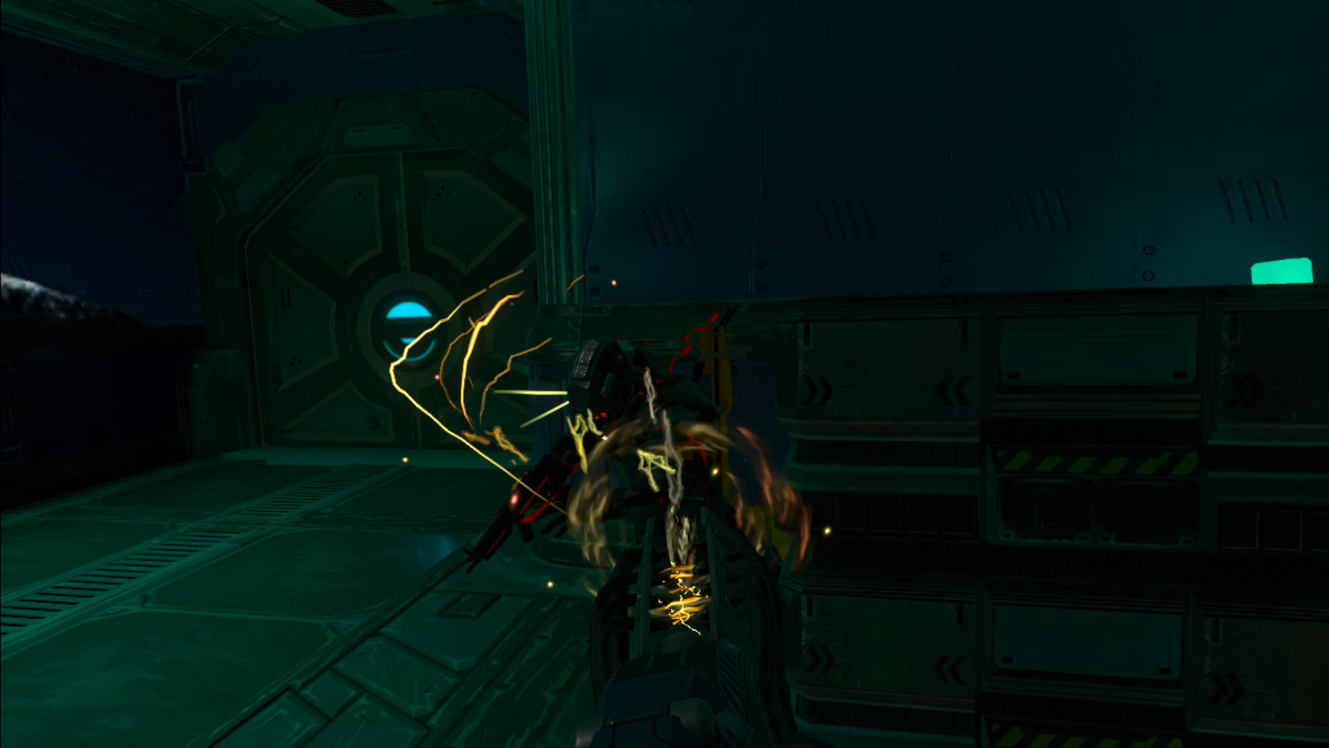 The player uses an electro-thrower weapon to fry a military grunt who was hiding behind cover and being a general nuisance.