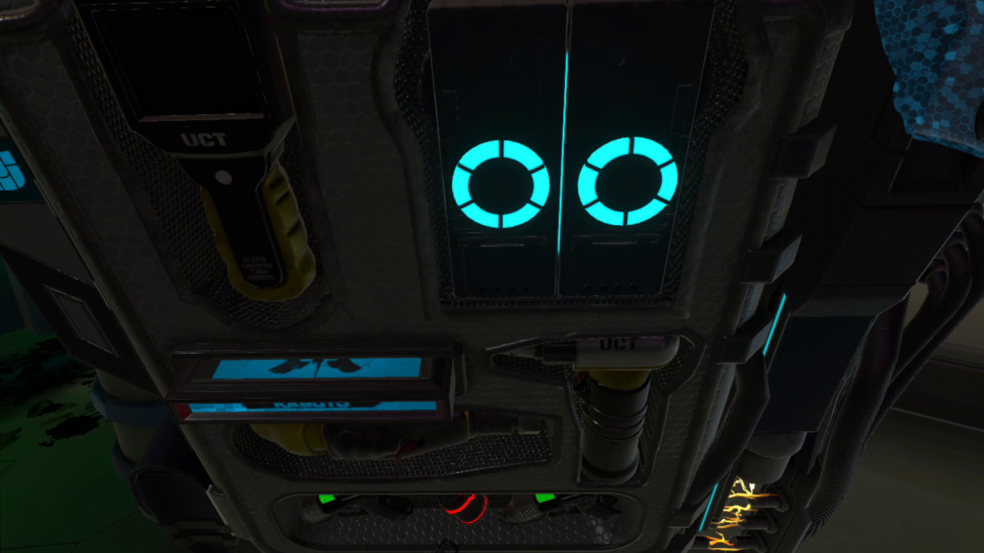 A sci-fi backpack full of tools and an energy weapon, including a motorized ratchet, a scanner, a frequency corrector, and a blow-torch.