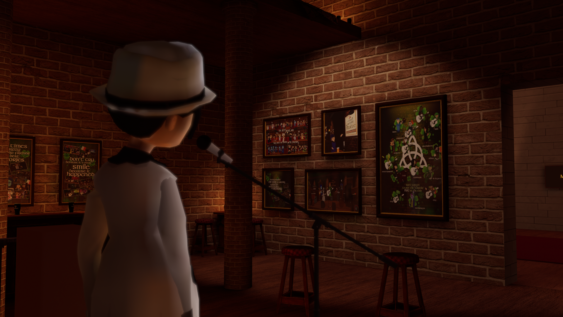 The back of an avatar is shown facing photos within a virtual exhibit