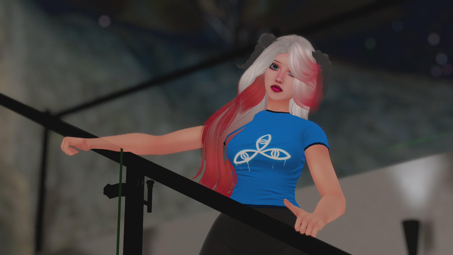 The avatar of a blonde woman poses on a staircase wearing a blue shirt and black leggings