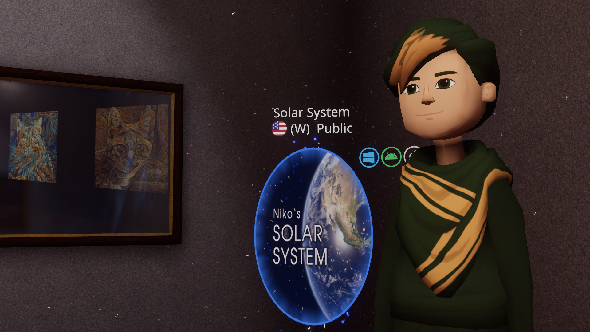 The Altspace avatar of Niko stands next to a VRChat portal and some photos