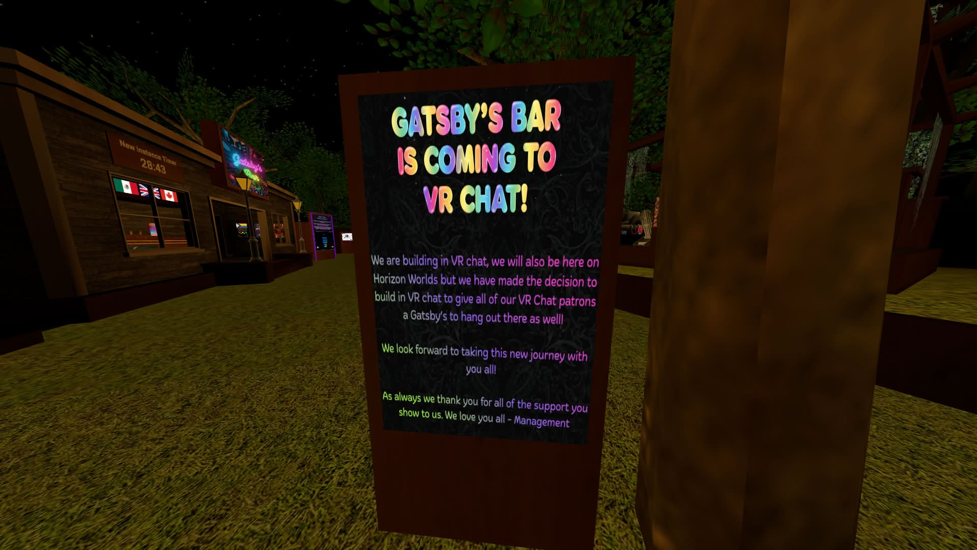 A virtual bar sign announcing it's "coming to VRChat"