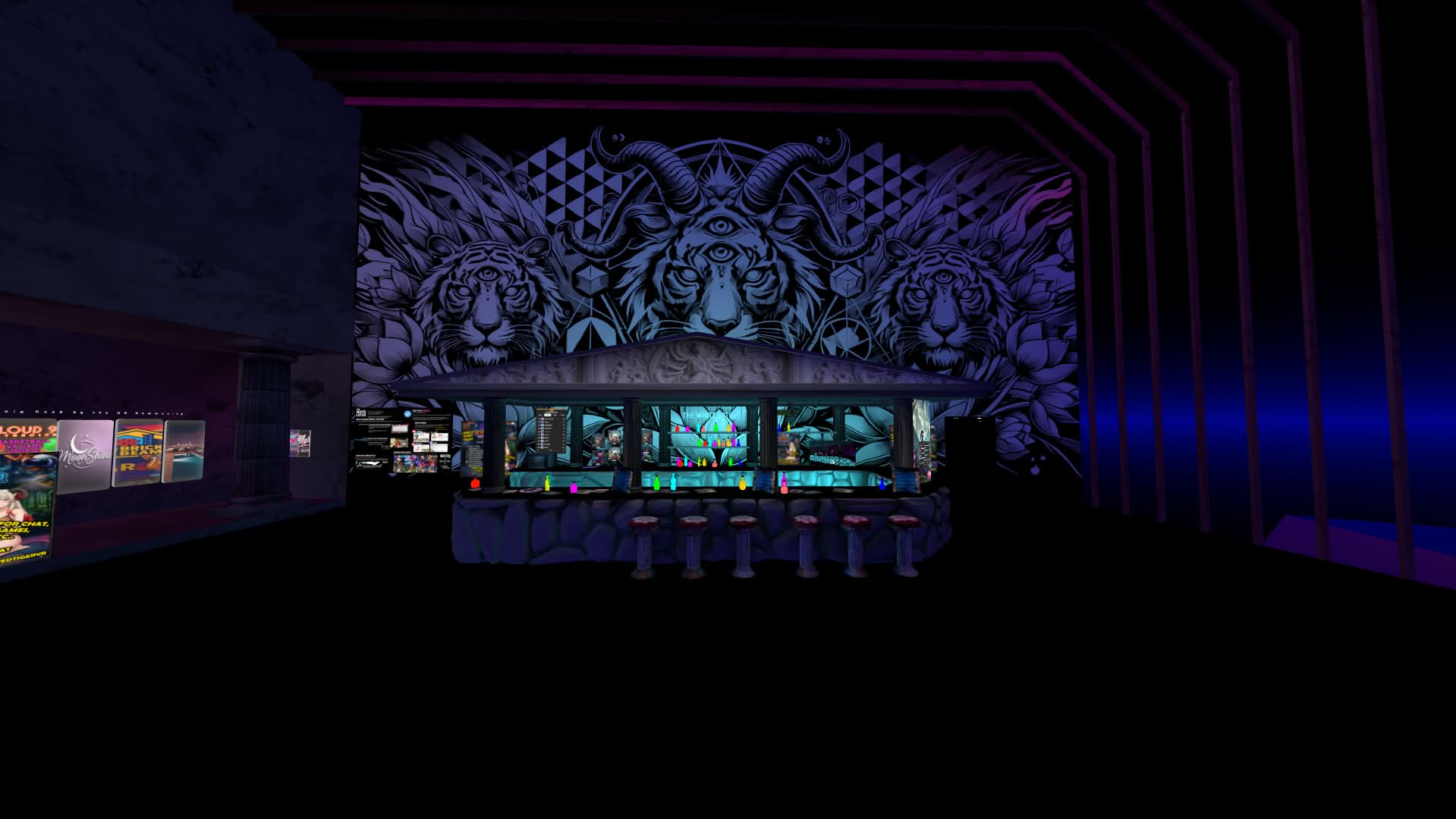 A virtual bar with dimmed lights, indicating it's closed