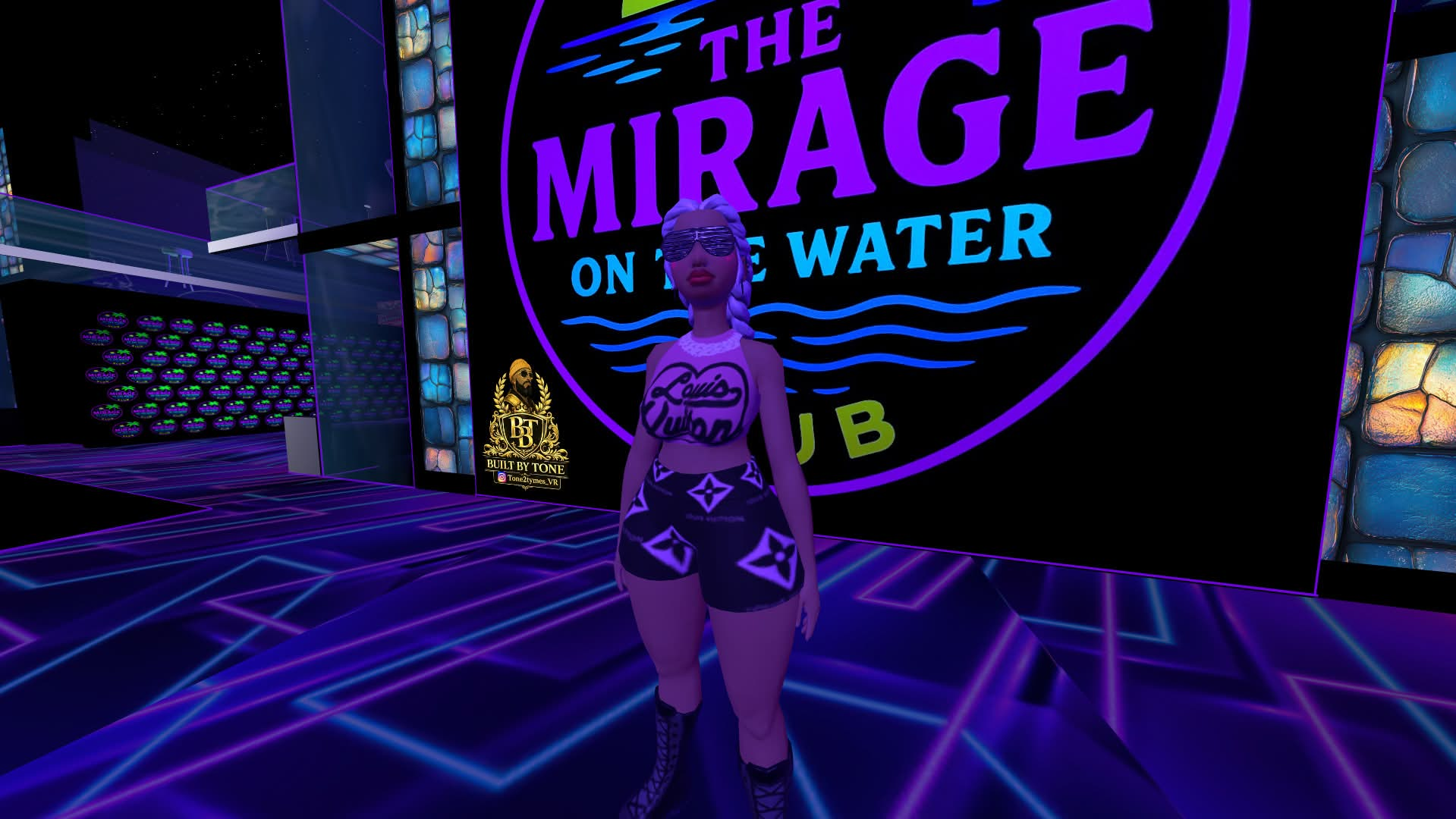 The avatar of a woman poses in front of a club sign under neon lights