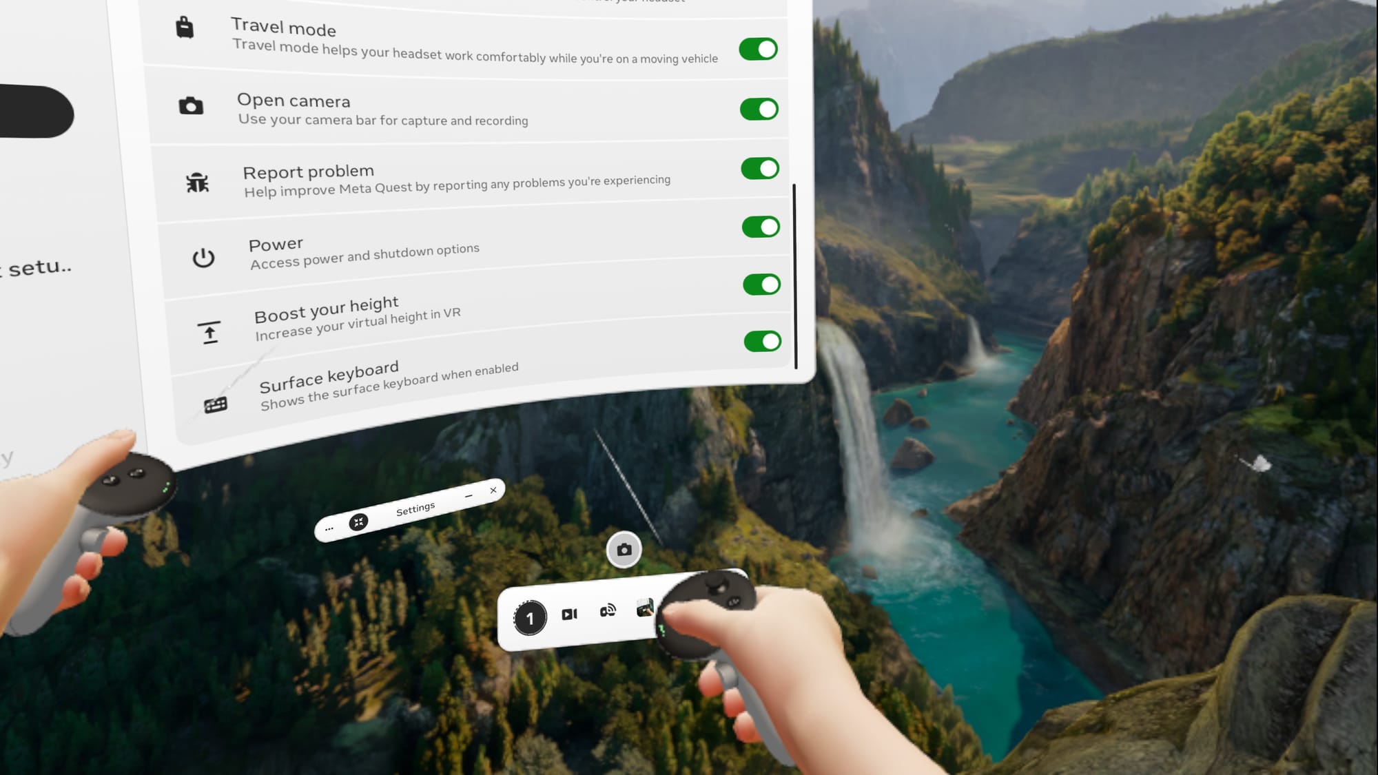 A Quest screenshot shows two new toggles in Quick Settings: Power and Boost your height.