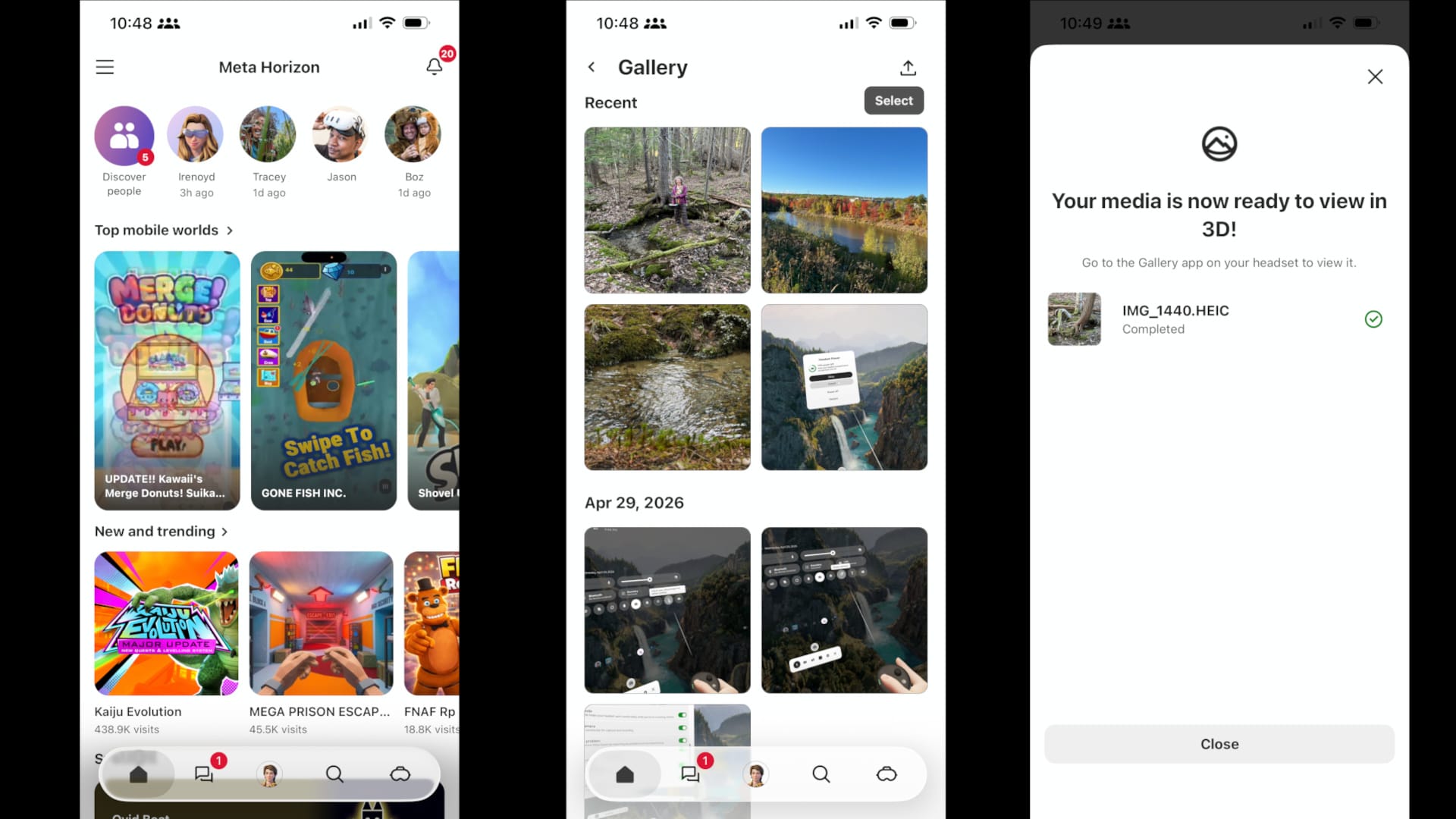 Screenshots from the Meta Horizon mobile app show how to upload photos as 3D images.