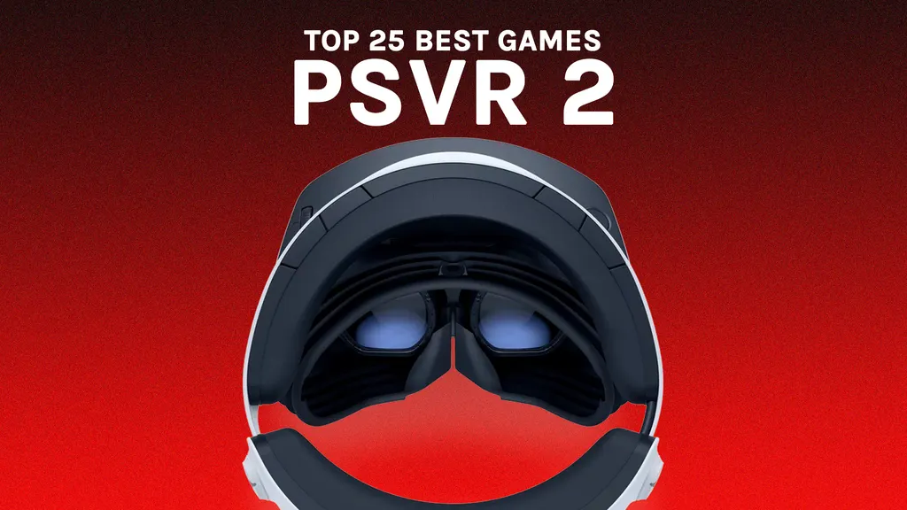 A PlayStation VR2 headset with a red image background and the words "top 25 best games - PSVR 2" above it.