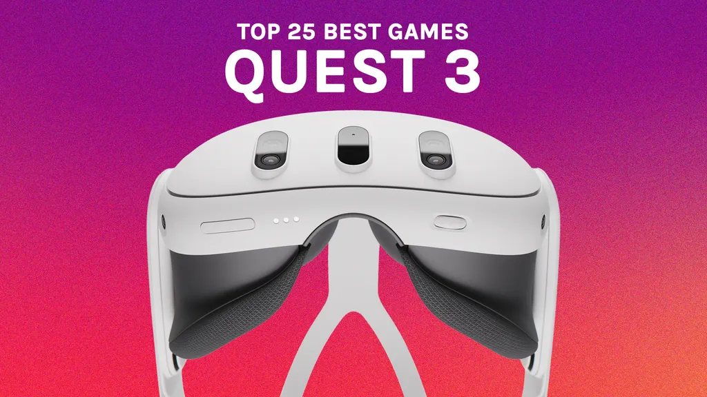 Quest 3 headset to a bright red and purple background with the text "top 25 best games - Quest 3" above it