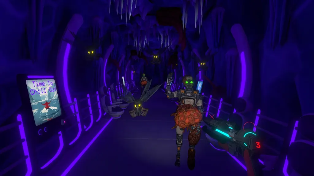 By Grit Alone screenshot shows insects and a robot down an icy hall with blue lighting