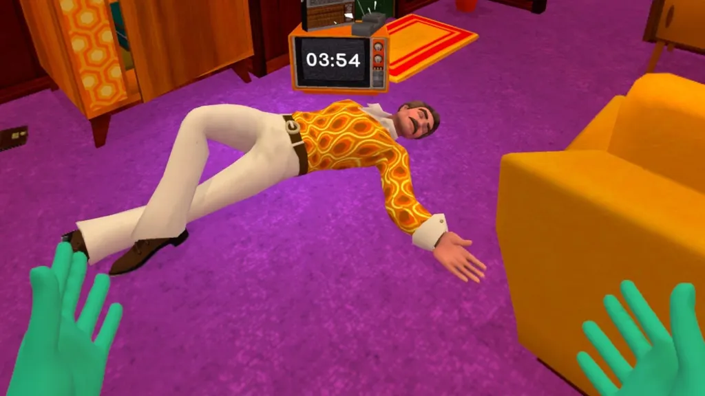POV of a player in Hide the Corpse looking over a body with gloves on and a timer on the TV