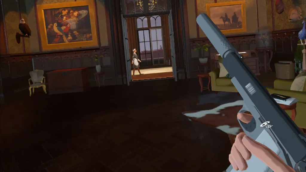 POV of player holding a silenced pistol in a room of a manor in Hitman 3 VR Reloaded