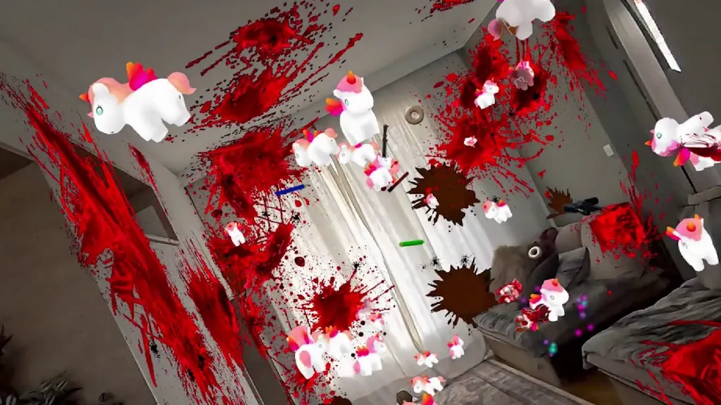 Loads of unicorns floating around a living room filled with blood in mixed reality game BLUD for Meta Quest 3 and 3S