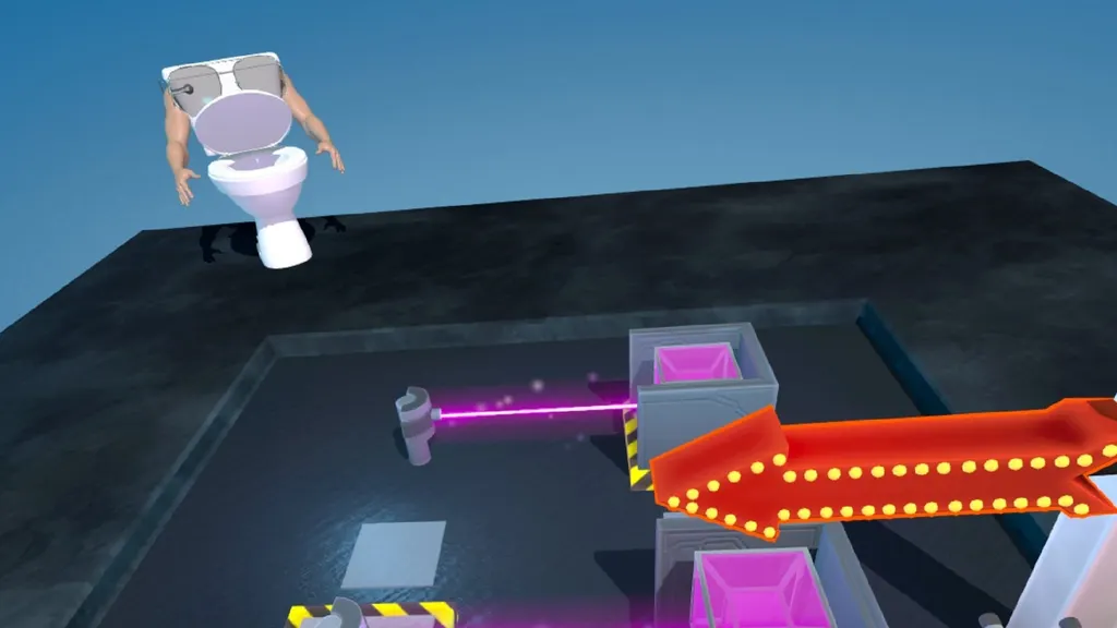 POV of a player looking at a laser puzzle with a talking toilet nearby in Snapstick
