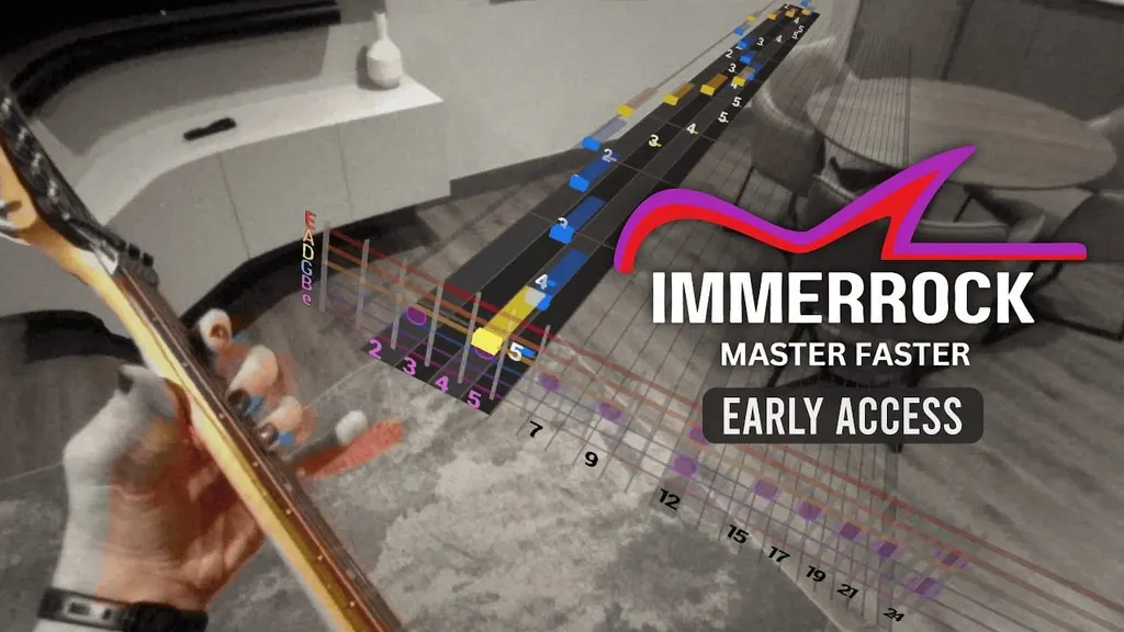 Immerock Guitar Training VR game image shows gameplay and a guitar.