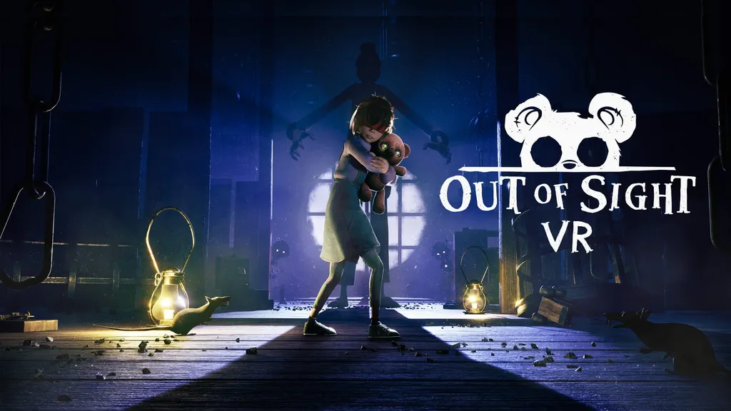 A girl holding a teddy bear as an ominous figure looms in the distance