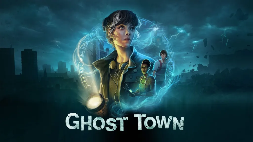 Three characters inside a circle with symbols on the edge with a visible thunderstorm behind