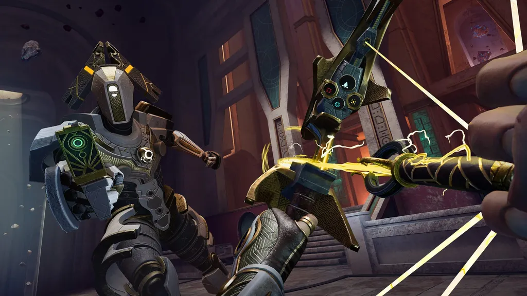 The protagonist of Reach prepares to fire a bow against a robot looking enemy
