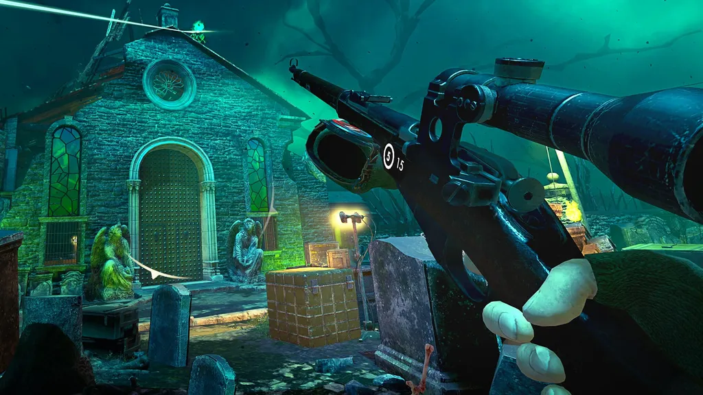 Deadhunter aims a sniper rifle at an old church with an eerie atmosphere around it