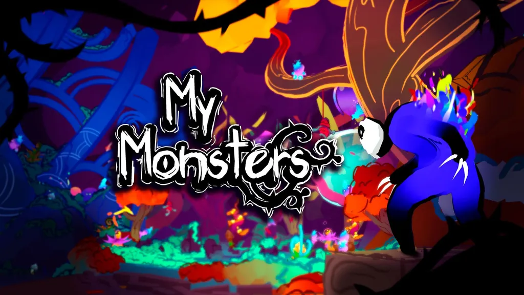 The cover art for My Monsters featuring a hand painted art style. A blue creature with claws occupies the bottom right as it surveys a surreal and colorful landscape.