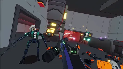 Sweet Surrender VR screenshot - shows you shooting enemy robots