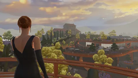 Woman in a dinner party dress looking towards a nearby mansion from a vantage point