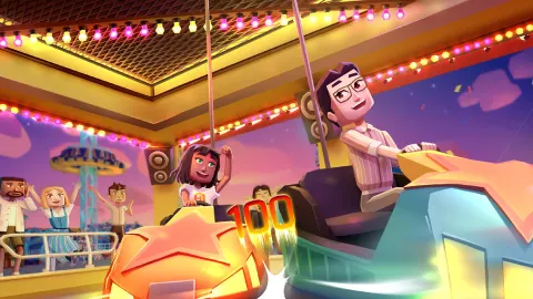 Avatars in VR title Oktoberfest: The Official Game hitting each other with the bumper carts 