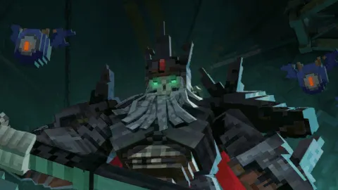 A demon holding a giant axe with glowing green eyes and two eyeball bats in Pixel Dungeon VR key art