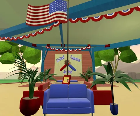A virtual lobby featuring red and blue couches, plants, and an american flag