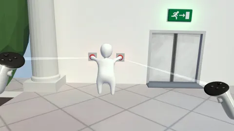 Human Fall Flat VR screenshot shows two controllers guiding a white human-shaped figure's arms