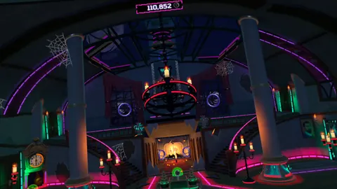 A haunted mansion, lit in neon pink and purple, with ghosts, cobwebs, and monsters around every corner