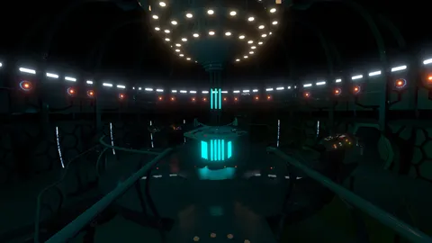 A moody interior of a working TARDIS with glowing lights and dark metal details.