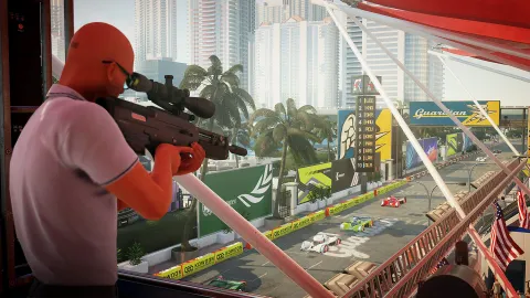 Bald man with a sniper rifle looking at a motor race from a spectator box as cars drive by